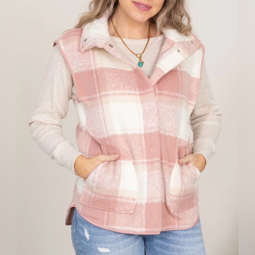 NEW! Dusty Pink, Tan and Ivory Plaid Vest